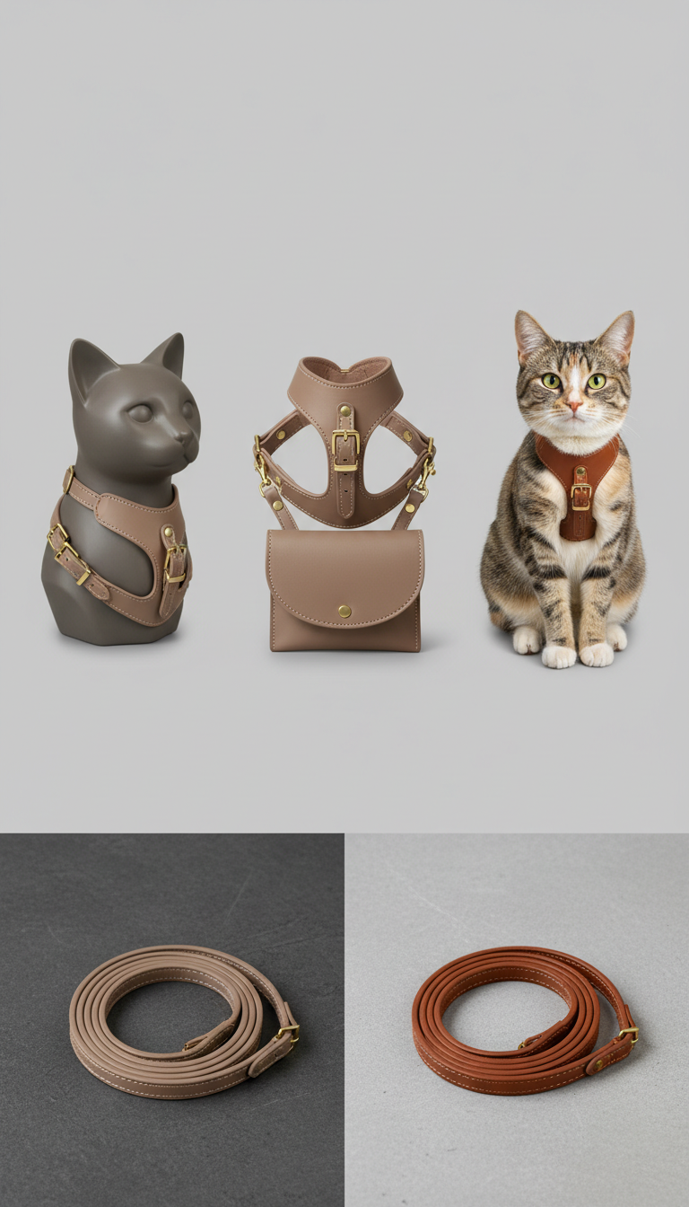 Taupefarbenes Katzenhalsband aus Leder und passender Beutel